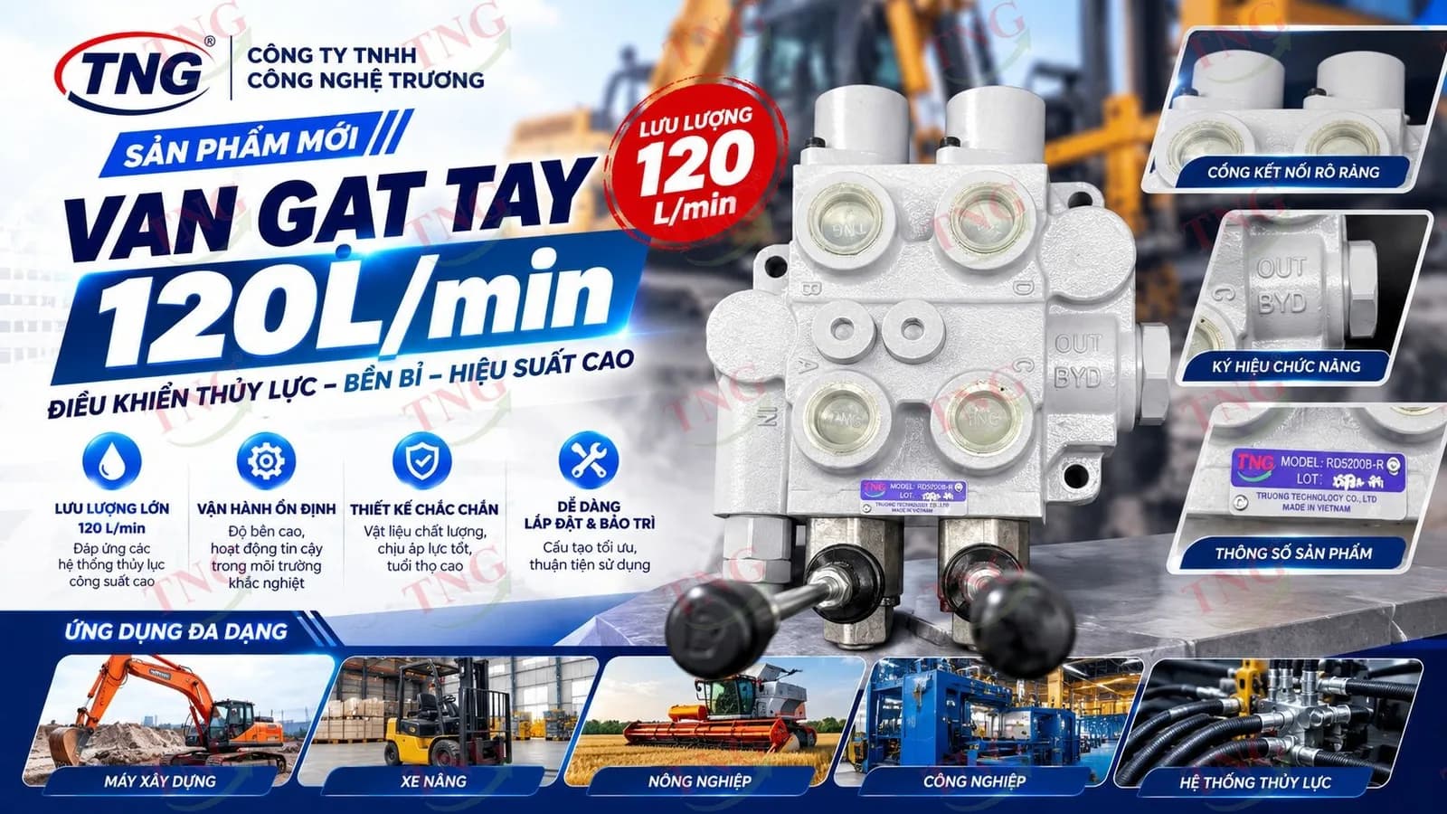 TNG Ra Mắt Van Gạt Tay 120L/min – Giải Pháp Điều Khiển Thủy Lực Linh Hoạt